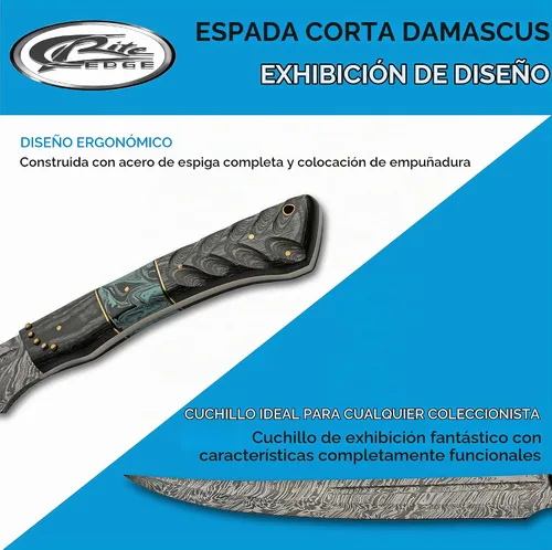 Vista 4 de SZCO Supplies DM-5025 - Espada corta de acero Damasco con mango de resina de madera y turquesa, con funda de cuero, negro/turquesa/marrón, 22