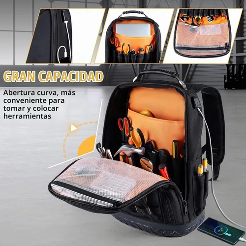 Vista 5 de Mochila de Herramientas Resistente, Mochila Bolsa de Herramientas para Hombres Impermeable Tela Oxford con Base de Plástico, 19 Pulgadas Gran