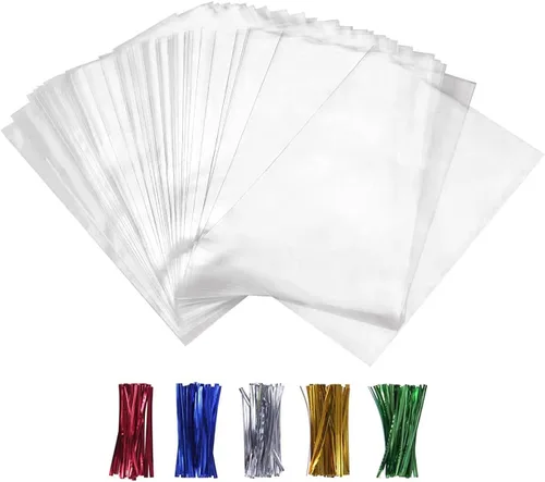 Vista 13 de 100 bolsas de celofán de 3 x 11 pulgadas, bolsas transparentes para dulces con lazos giratorios de 4 pulgadas, bolsas de plástico para violonchelo