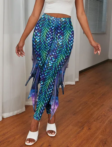 Vista 5 de Leggings de sirena para mujer, pantalones con estampado de escamas de pescado, cintura alta, leggings de yoga con aletas para fiesta de Halloween