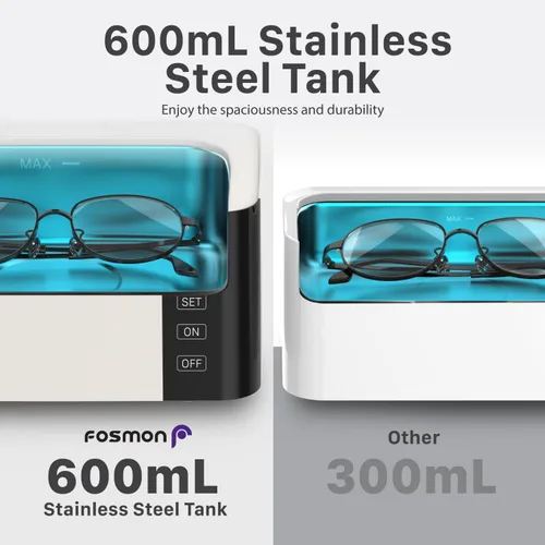 Vista 2 de Fosmon Limpiador ultrasónico profesional con tanque de acero inoxidable 304 de gran capacidad de 20.3 fl oz, máquina limpiadora sónico de joyería