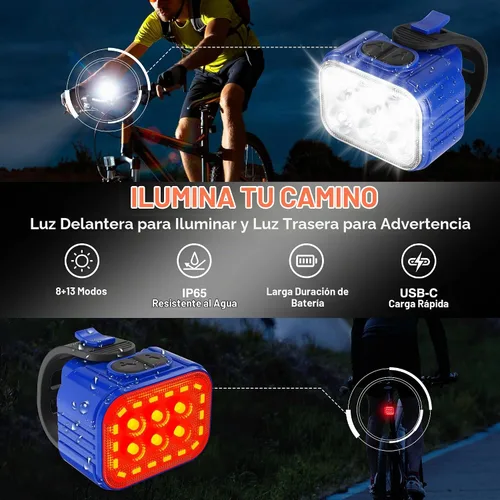 Vista 2 de WORKPRO Juego de 4 luces de bicicleta [8+13 modos], combo de faros delanteros y traseros de bicicleta recargable, ultra brillante, juego de luces