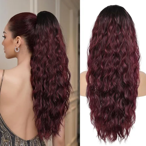 Vista 14 de Extension de cola de caballo con cordón de 26 pulgadas para mujer, extensiones de cola de caballo largas y onduladas, extensiones de cabello Rubio