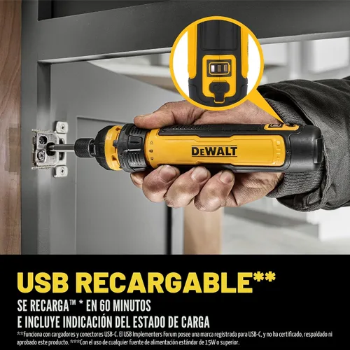 Vista 7 de DEWALT Destornillador inalámbrico, destornillador eléctrico recargable USB de 4 V con juego de 12 puntas de destornillador, luz LED, control
