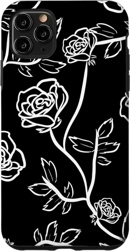 Vista 11 de iPhone 14 Rose Bush Pétalos de rosa Hojas de espina Funda blanca y negra