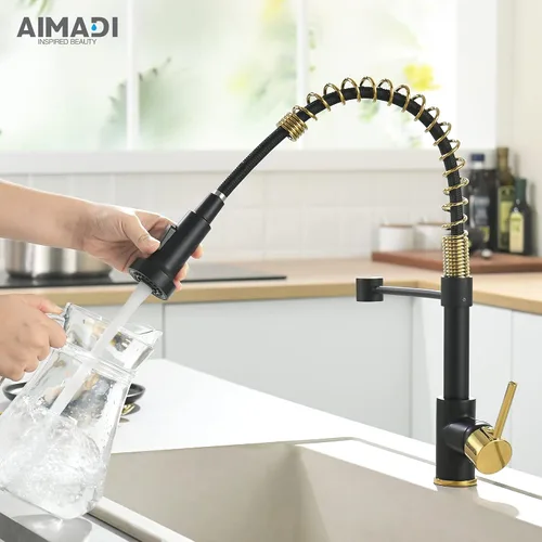 Vista 8 de AIMADI Grifo de cocina negro mate, grifo de cocina negro y dorado con rociador desplegable, grifos de fregadero comerciales de resorte con una sola