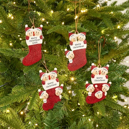 Vista 12 de Adornos de Navidad personalizados, adornos para árbol de Navidad, familia de 2 a 7 nombres, muñeco de nieve, ciervo, decoración de Navidad