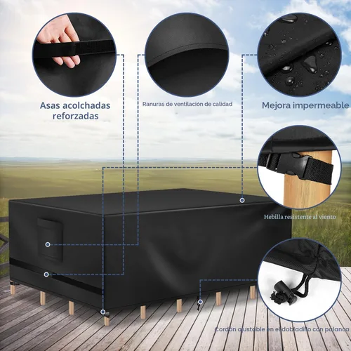 Vista 3 de Richwon Funda para Muebles de Patio, Funda Impermeable Rectangular para Mesa de Exterior, Protección Resistente para Conjunto Seccional 108"L x 82"W