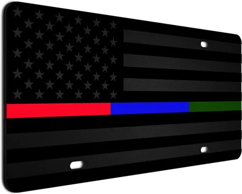 Vista 28 de JASS GRAPHIX Placa de matrícula personalizada con la bandera estadounidense de línea amarilla, homenaje personalizado a despachadores y operadores