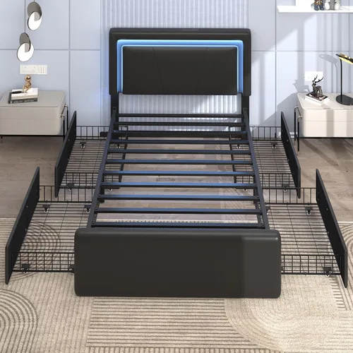 Vista 6 de Base de cama tamaño individual con 4 cajones de almacenamiento, luz LED, tapizado negro Platform Bed, Charging Station, Adjustable Headboard, PU