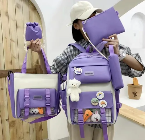 Vista 2 de Juego de mochila Kawaii de 5 piezas, bonita mochila escolar estética, suministros juveniles, conjunto de mochila y accesorios, Mochila púrpura 1