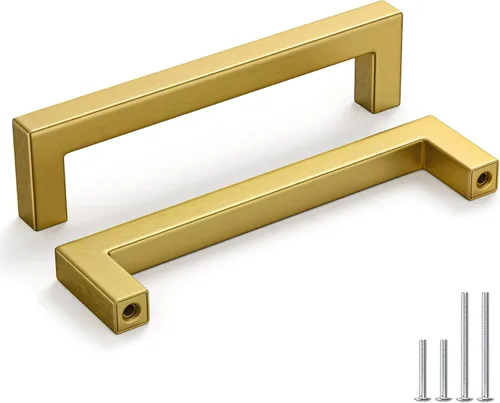 Vista 18 de Homdiy Paquete de 30 tiradores de bronce cepillado dorado de 3- 1/2 pulgada, cuadrados, herrajes para gabinete de cocina, armarios; 3- 1/2 pulgadas