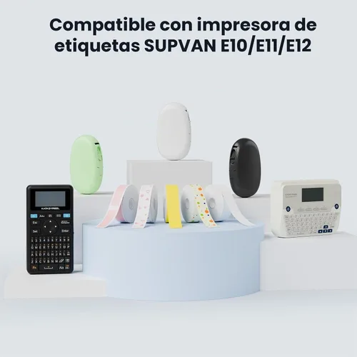 Vista 3 de SUPVAN E10 y E11 Cinta para Fabricante de Etiquetas, 15 mm × 6 m Cinta de etiquetas térmicas laminadas continuas genuinas, resistentes al agua y al