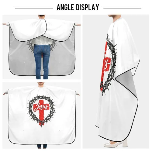 Vista 5 de ALAZA Capa de peluquería profesional de 55 x 65 pulgadas, diseño de cruz cristiana de Jesús impermeable, con cierre a presión, para hombres y mujeres