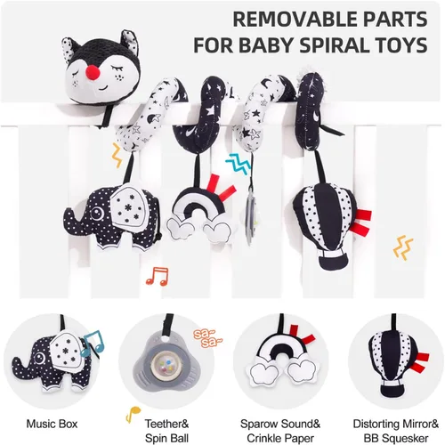 Vista 3 de Koty Juguetes para Asiento de Coche, Juguete de Peluche en Espiral para Bebés con Caja de Música, Sonajero y Cascabeles Colgantes para Cochecito