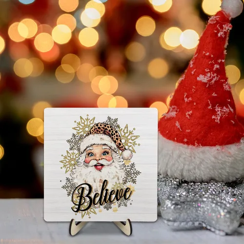Vista 3 de Letrero de placa de madera con texto en inglés "Merry Christmas", letrero de madera para decoración de escritorio de oficina en casa, 5.9 x 5.9