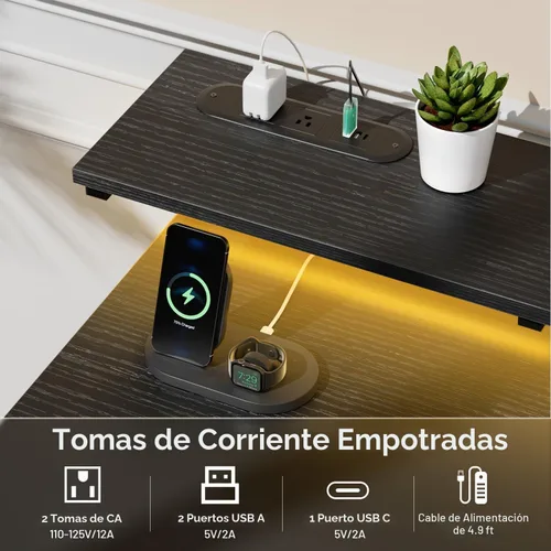 Vista 5 de HLDIRECT Escritorio para computadora de 47 pulgadas con 8 cajones de almacenamiento, escritorio para juegos con luces LED y tomas de corriente USB