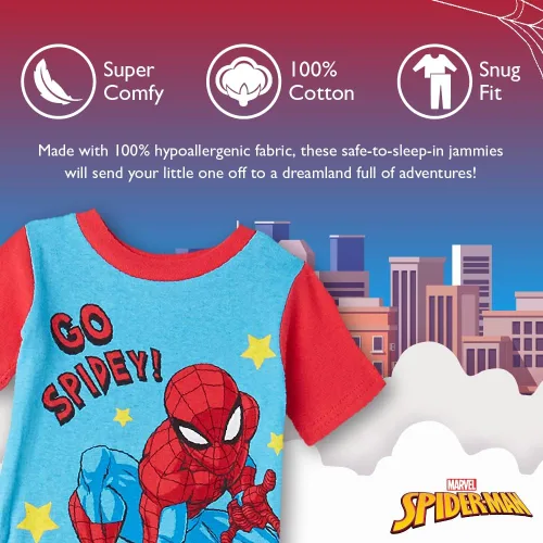 Vista 3 de Marvel Boys Avengers Black Panther Captain America Thor Spider-Man 4-Piece Snug-fit Cotton Pajamas Set