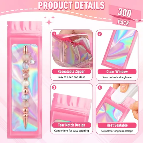 Vista 4 de ANZNKU Paquete de 300 bolsas multicolor para bolígrafos, bolsas holográficas de Mylar con ventana transparente, bolsas de embalaje a prueba