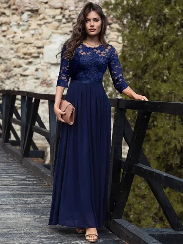 Vista 4 de Miusol Vestido largo formal de dama de honor con encaje floral y manga 34 para mujer
