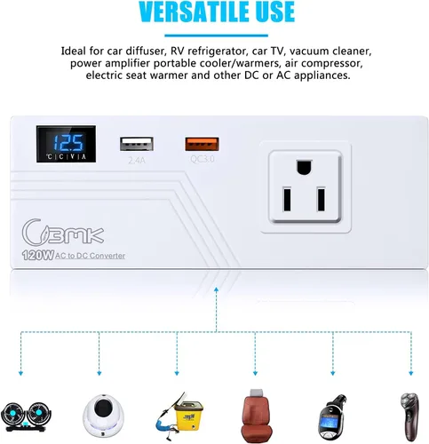 Vista 4 de BMK Convertidor de CA a CC 10A 120W Enchufe de encendedor de cigarrillos de automóvil AC 110V a DC 12V Adaptador de corriente con 2 puertos USB