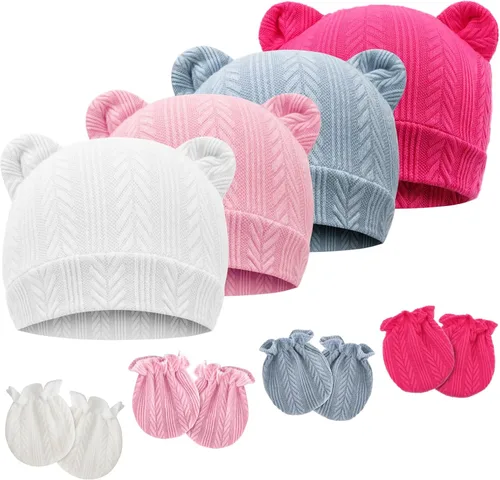 Vista 21 de Conjunto de gorro y mitones para recién nacidos con orejas de oso, gorro para bebé, gorro de hospital para bebé niño o niña, de 0 a 3 meses 4