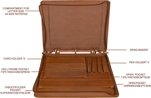 Vista 7 de Portafolio Personalizado de Cuero con Nombre Grabado, Organizador de Negocios Profesional con Cremallera para Hombres, Carpeta de Anillas
