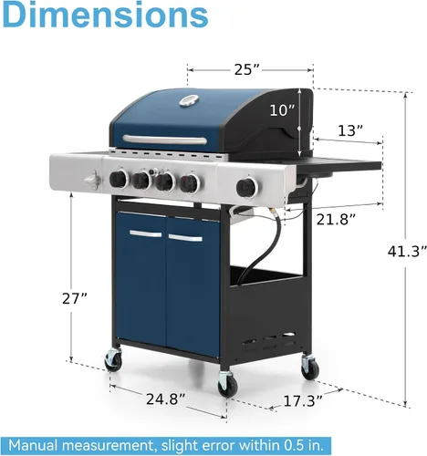 Vista 5 de GREEN PARTY - Parrilla de gas para barbacoa de 4 quemadores con propano, quemador lateral y rejillas de hierro fundido esmaltadas en porcelana, área