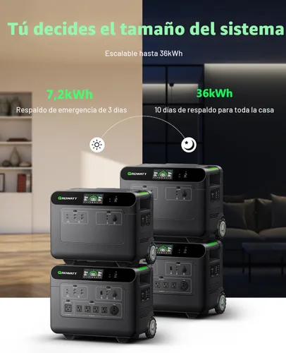 Vista 4 de GROWATT HELIOS 3600 Estación de energía portátil, batería LFP de 3600 Wh, expandible a salida de CA de 240 V/7200 W, hasta 36 kWh, generador