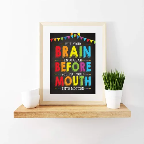 Vista 2 de Andaz Press Póster decorativo para pared de maestros de escuela en casa, 8.5 x 11 pulgadas, pon tu cerebro en marcha antes de la boca en movimiento