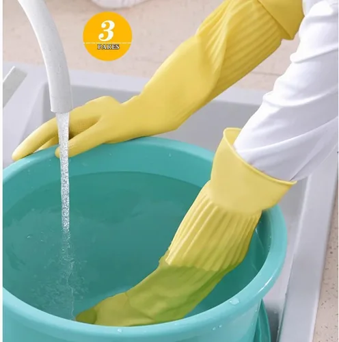 Vista 5 de 3 pares de guantes de 17.8 pulgadas de longitud con codo de goma reutilizables, impermeables, para limpieza del hogar y cocina, tamaño pequeño