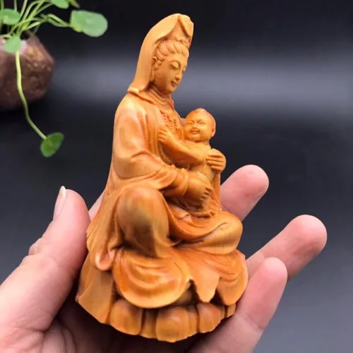 Vista 4 de Mini estatua de Quan Yin decoración de oficina en casa, estatua de Buda femenina Kuan Yin con estatua de bebé, decoración zen de jardín de la diosa