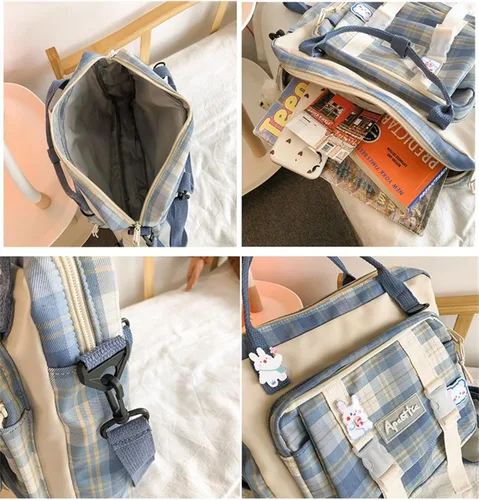 Vista 4 de Mochila Kawaii con pin Kawaii y oso de felpa mini bonita mochila escolar japonesa de anime Gris Mochilas Daypack