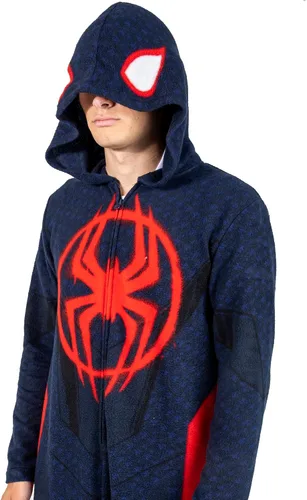 Vista 4 de Spider-Man Miles Morales - Traje de unión con capucha para hombre con dobladillo de pierna, Negro