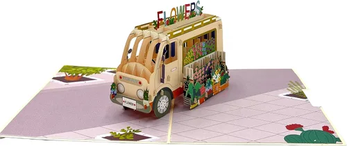 Vista 4 de Tarjeta de felicitación emergente con flores florecientes, furgonetas de aventura, vehículo floral, amante de la naturaleza, tema clásico