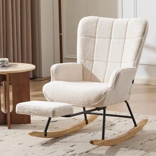 Vista 13 de Furniliving - Mecedora tapizada para cuarto de bebé, silla deslizante, mecedora moderna con reposapiés retráctil, silla de lectura con respaldo