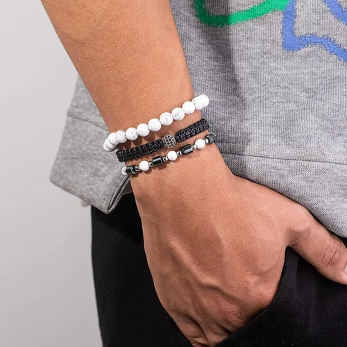 Vista 2 de Lynnaneo Juego de pulseras de cuentas para hombre de 0.315 in y 0.157 in de piedras preciosas curativas trenzadas con dije de circonita cúbica