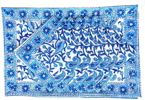 Vista 2 de Juego de 6 manteles individuales 100 % algodón estilo indio para mesa de comedor y servilletas (azul 1)