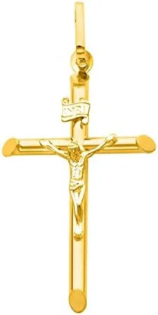 Vista 2 de The World Jewelry Center Colgante de cruz de crucifijo de oro amarillo de 14 quilates con collar de cadena de trigo cuadrado trenzado de 0.039in, Oro