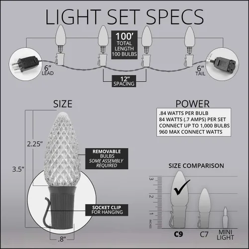 Vista 4 de Luces LED navideñas comerciales C9 OptiCore para exteriores Guirnalda de luces de navidad de alta resistencia cable verde