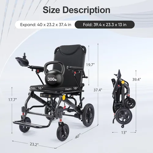 Vista 3 de Silla de ruedas eléctrica ligera de 32 libras para adultos con motores duales, potente silla de ruedas eléctrica plegable portátil, aprobada por