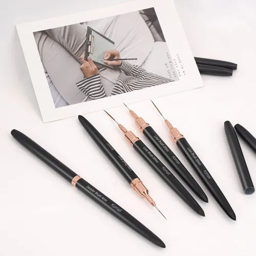 Vista 6 de Komall Pinceles Metálicos para Arte de Uñas, Set de 5 Pinceles de Línea, Pincel de Arte de Uñas con Gel UV para Líneas Largas, Detalles Finos, Negro