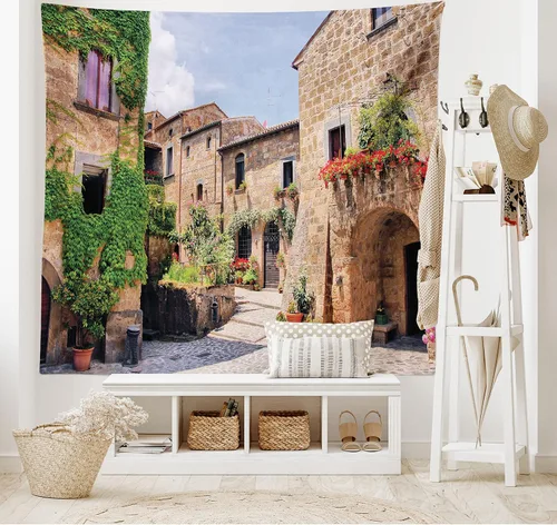 Vista 2 de Lunarable Tapiz de la Toscana, calles italianas en el campo, casas de ladrillo tradicionales con estampados antiguos toscanos, decoración de tela