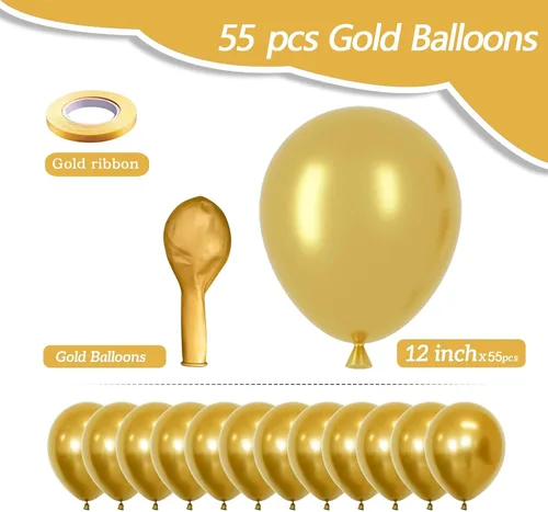 Vista 2 de Globos de látex dorados, 55 globos dorados metálicos de 12 pulgadas con 1 cinta para cumpleaños, graduación, baby shower, decoración de fiesta