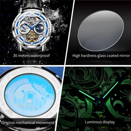 Vista 6 de OLEVS Relojes automáticos para hombre, esqueleto Tourbillon, cuerda automática, mecánica, correa de cuero auténtico, reloj de pulsera de lujo, sol