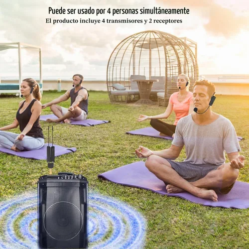 Vista 6 de Sistema de micrófono inalámbrico para 4 personas, micrófonos inalámbricos de diadema 2.4G y micrófonos de mano 2 en 1, ideal para oradores