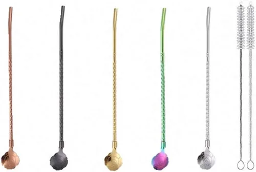 Vista 8 de 7 popotes de metal para beber con 2 cepillos de limpieza de 8.5 pulgadas, cuchara de barra reutilizable para café helado, bebida congelada, batidos
