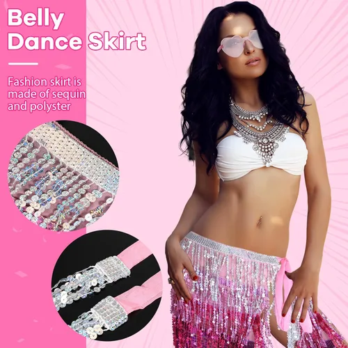 Vista 4 de Sureio Belly Dance Sequins Skirt for Waist Circumference 31.5 Inch Christmas Sparkly Fringe Skirt Heart Sunglasses for Women