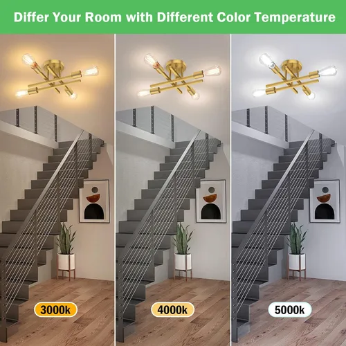 Vista 2 de Lámpara de techo semiempotrada dorada, lámpara de araña industrial moderna Sputnik de 4 luces, lámpara de techo empotrada para cocina, dormitorio