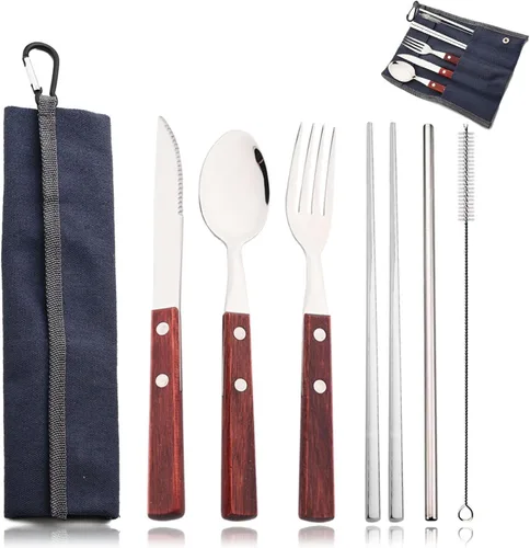 Vista 11 de JASHII Juego de cubiertos de acero inoxidable 304 con mango de madera, juego de cubiertos de madera para viaje, cuchillo de campamento, tenedor